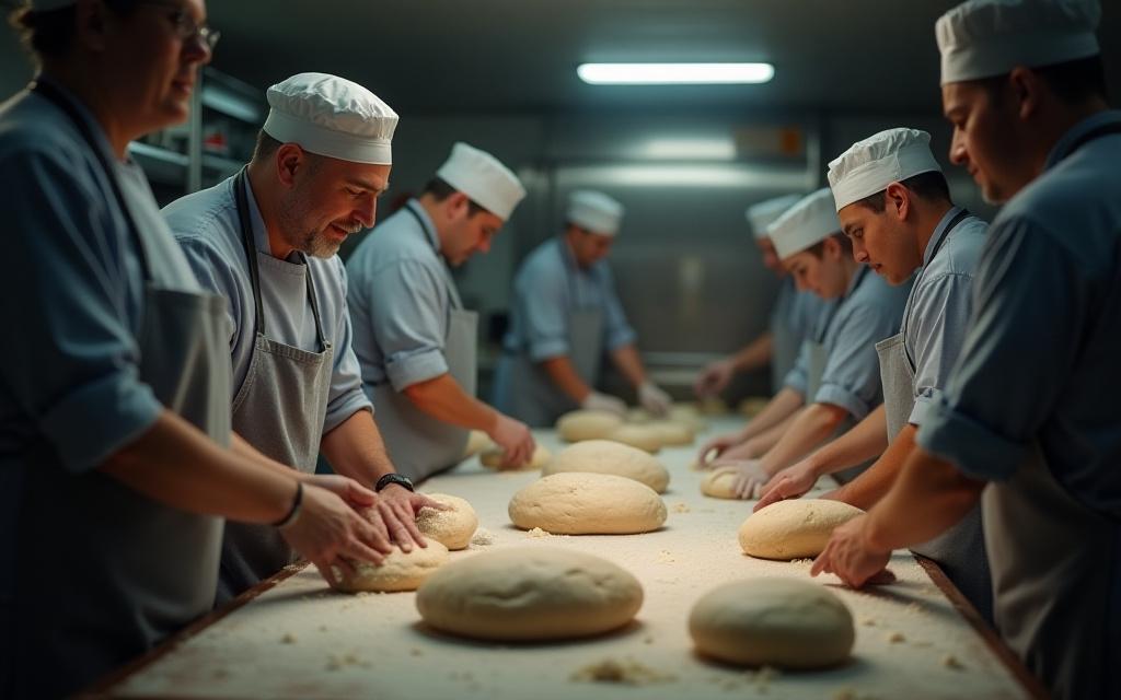 A team of bakers skillfully kneading dough in the Delta Bakehouse kitchen, working together with focus and passion.