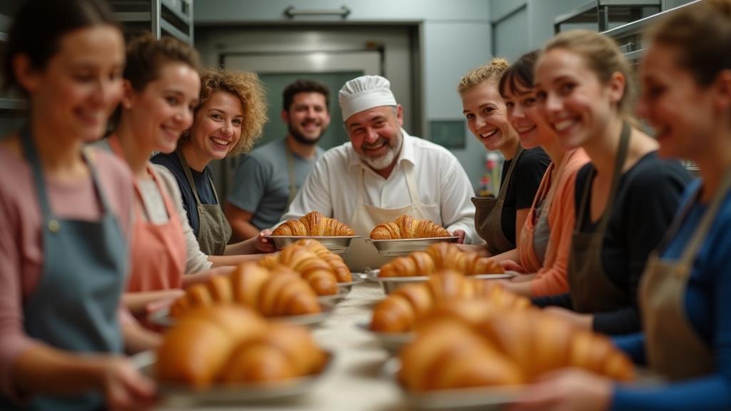 Happy participants in a baking class at Delta Bakehouse, proudly holding up trays of freshly baked, golden-brown croissants.