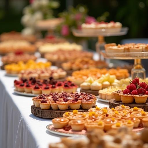 An elegant catering spread featuring diverse pastries, mini tarts, and savory bites arranged artfully on a long table.