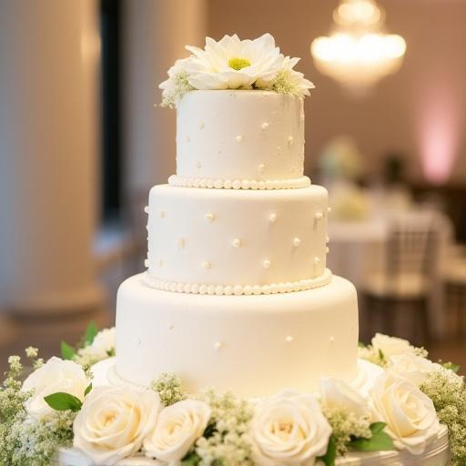 A beautifully decorated three-tier wedding cake adorned with fresh white roses and delicate greenery, glowing softly.