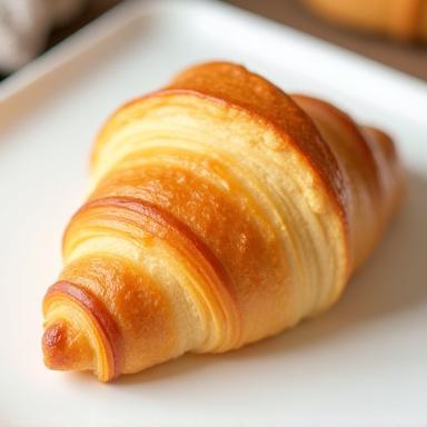 A beautifully flaky, golden-brown butter croissant on a white plate, revealing its delicate layers.