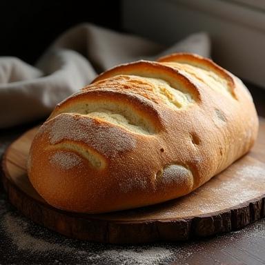 A golden-brown classic sourdough loaf, perfectly scored, sitting on a wooden board.