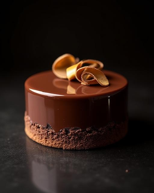 A decadent milk chocolate hazelnut entremet cake, glistening with a perfect glaze and topped with golden chocolate curls.