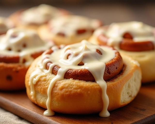 Warm, gooey cinnamon rolls with generous cream cheese frosting, fresh out of the oven.