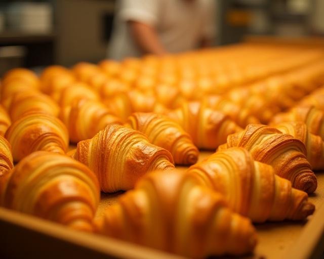 A golden array of freshly baked, perfectly laminated croissants arranged on a baker's rack, ready for sale.