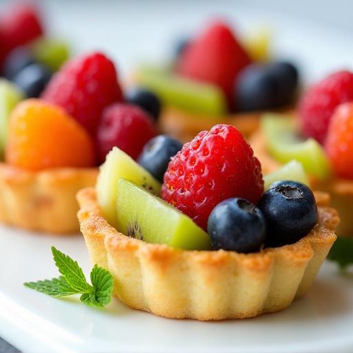 Vibrant individual fruit tartlets, each topped with a colorful variety of fresh berries and kiwi slices.