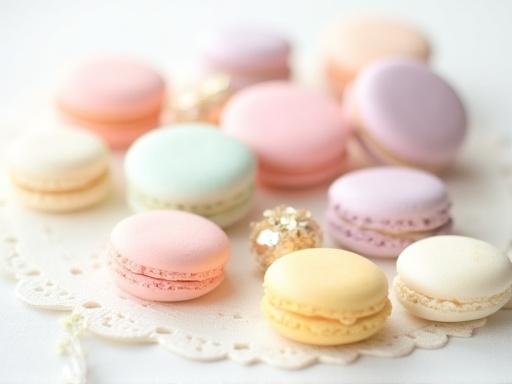An artful assortment of delicate French macarons in various pastel colors and flavors, beautifully arranged.