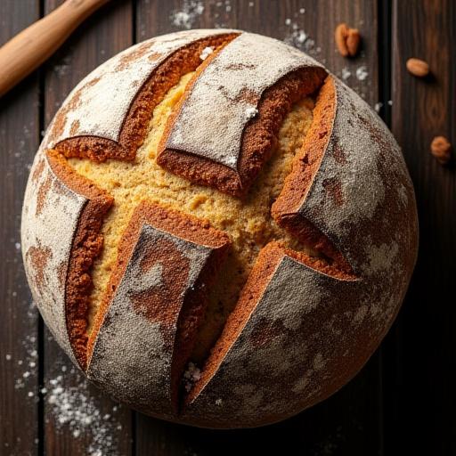 A beautifully scored, deeply crusted rustic country loaf of bread, showing its artisanal texture.