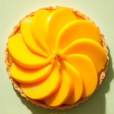 A vibrant tropical tart topped with fresh mango slices, reflecting the light.