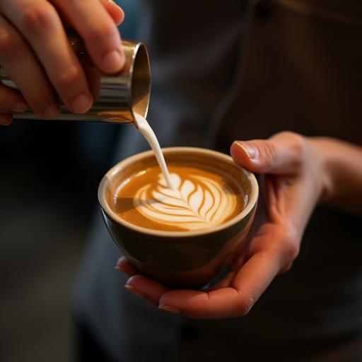A skilled barista pouring intricate latte art into a ceramic cup, with steam rising gracefully.